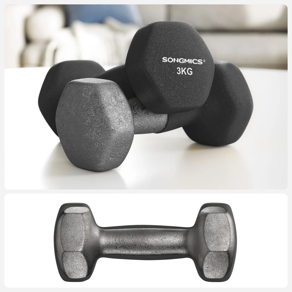 SONGMICS Set Mancuernas Neopreno 1-3 kg | 6 Piezas + Soporte | Entrenamiento en Casa