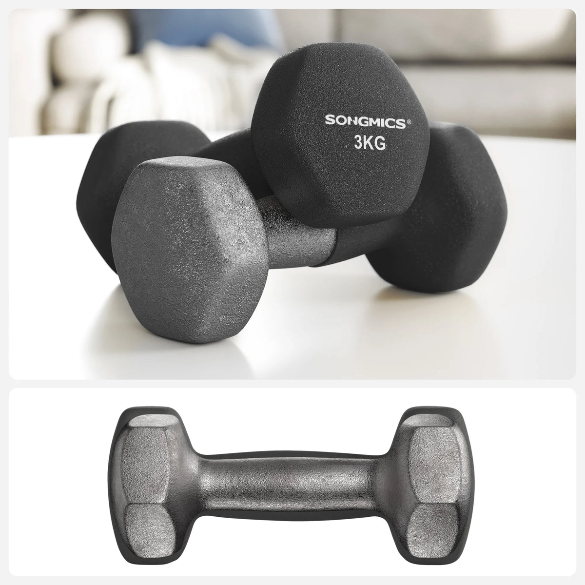 SONGMICS Set Mancuernas Neopreno 1-3 kg | 6 Piezas + Soporte | Entrenamiento en Casa