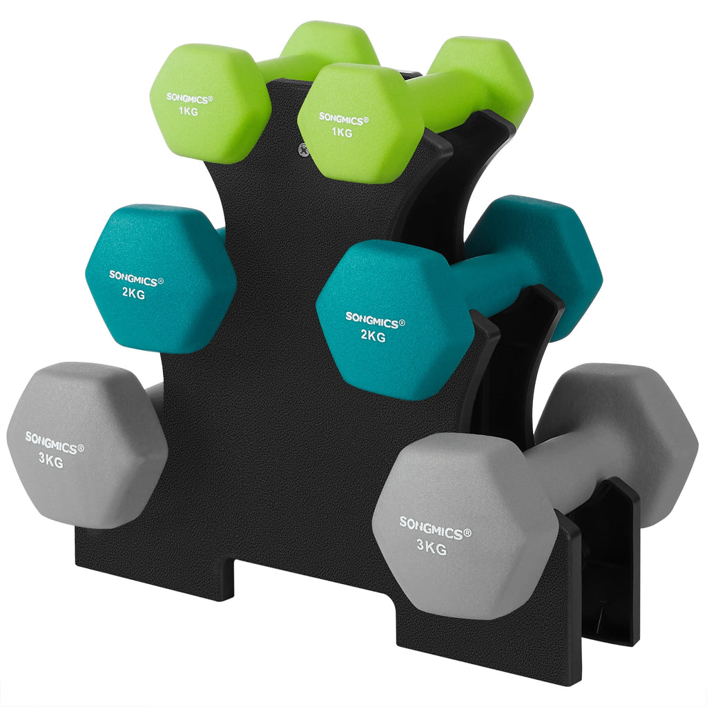 SONGMICS Set Mancuernas Neopreno 1-3 kg | 6 Piezas + Soporte | Entrenamiento en Casa