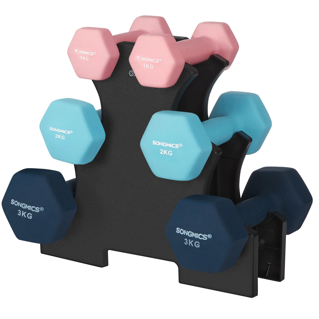 SONGMICS Set Mancuernas Neopreno 1-3 kg | 6 Piezas + Soporte | Entrenamiento en Casa