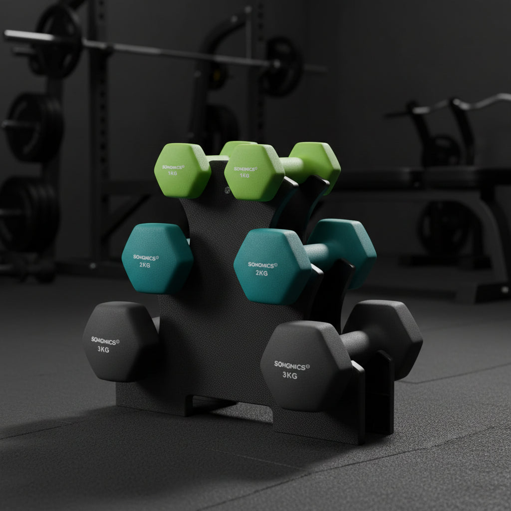 SONGMICS Set Mancuernas Neopreno 1-3 kg | 6 Piezas + Soporte | Entrenamiento en Casa