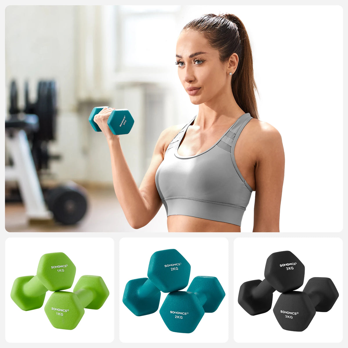 SONGMICS Set Mancuernas Neopreno 1-3 kg | 6 Piezas + Soporte | Entrenamiento en Casa