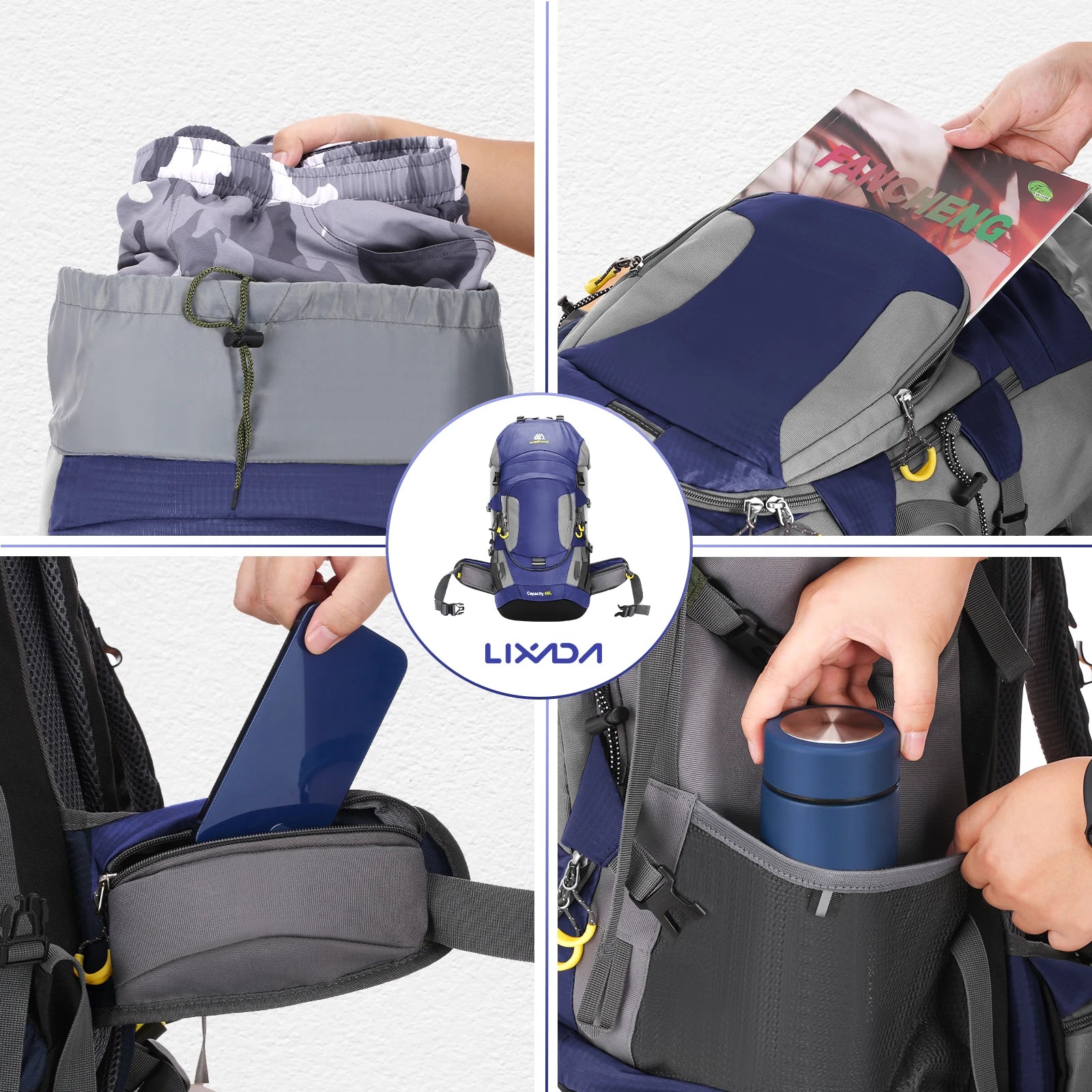 LIXADA 60L Waterproof Hiking Backpack Camping Mountain Climbing Cycling Backpack Outdoor Sport Bag with Rain Cover