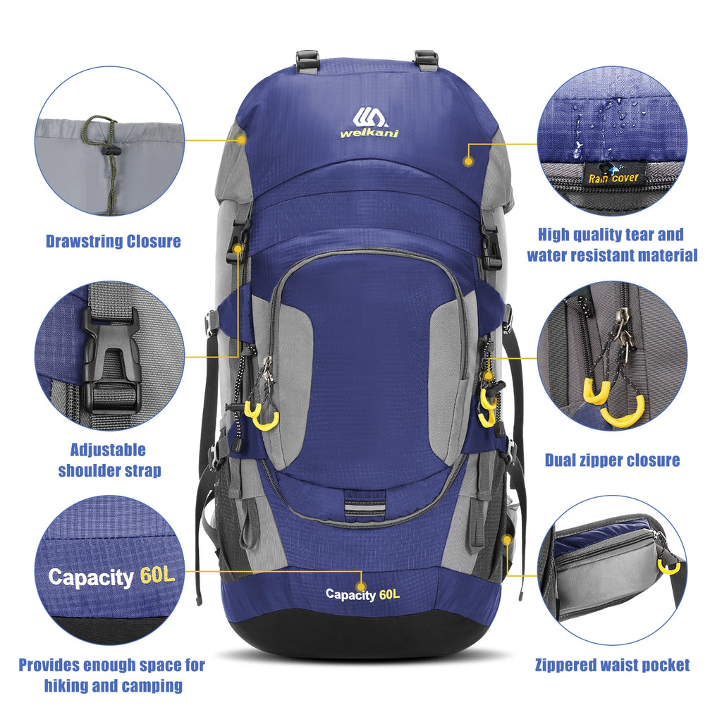 LIXADA 60L Waterproof Hiking Backpack Camping Mountain Climbing Cycling Backpack Outdoor Sport Bag with Rain Cover