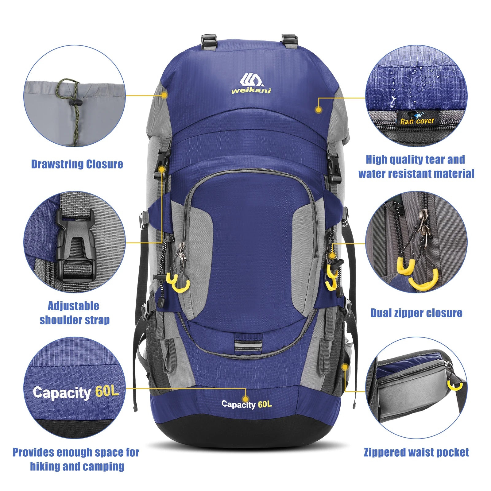 LIXADA 60L Waterproof Hiking Backpack Camping Mountain Climbing Cycling Backpack Outdoor Sport Bag with Rain Cover
