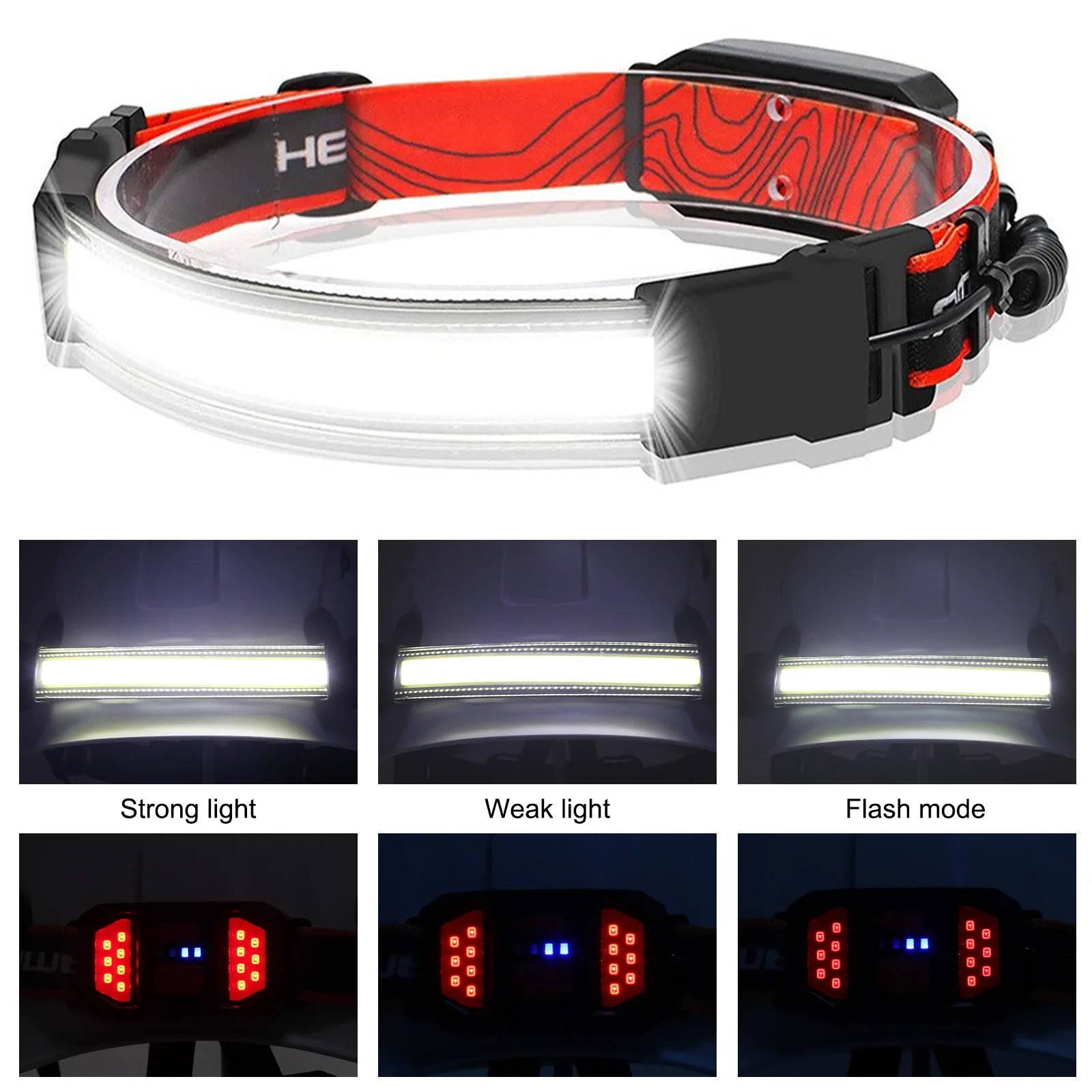 Linterna Frontal LED Recargable con Luz Trasera — Para Casco y Outdoor