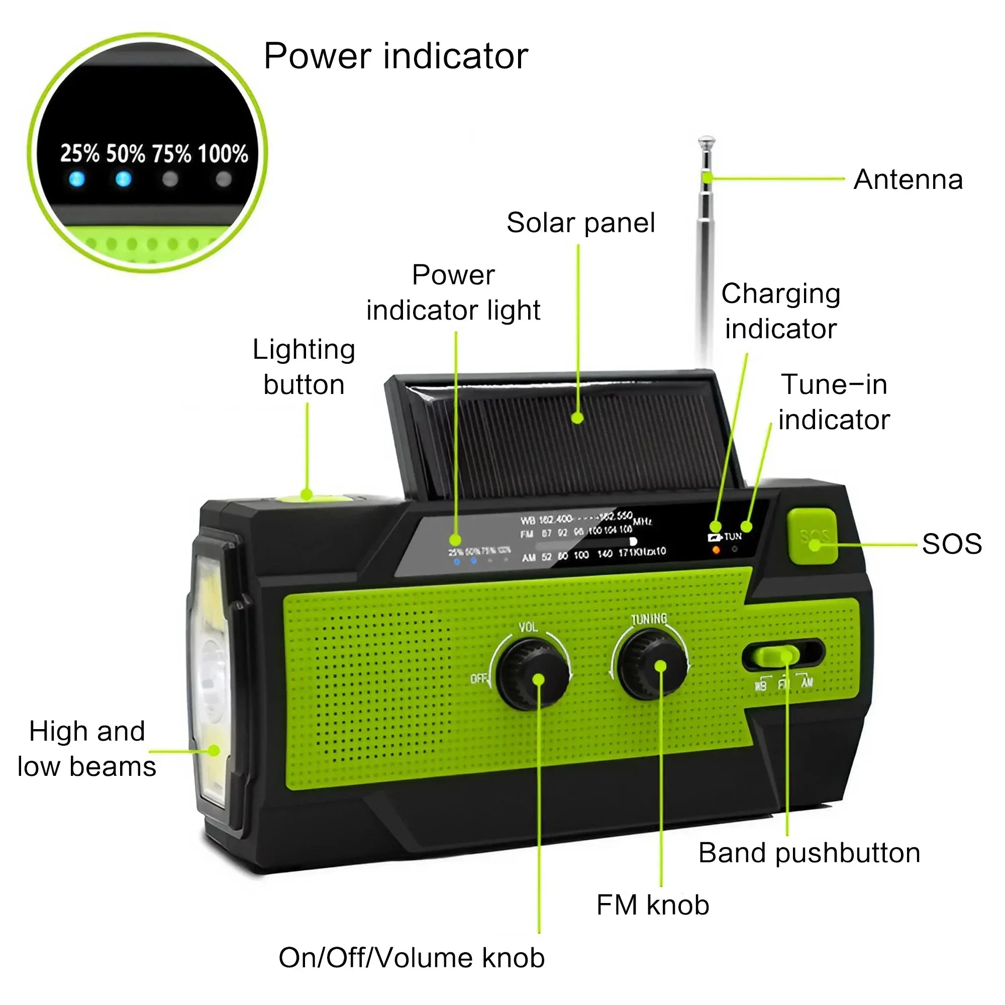 Radio de Emergencia Multiusos con Linterna LED Solar y Manivela